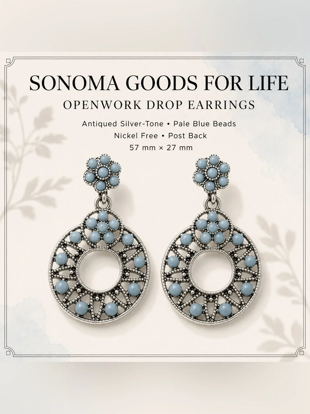 Pale Blue Openwork Drop Earrings - Antiqued Silver-Tone